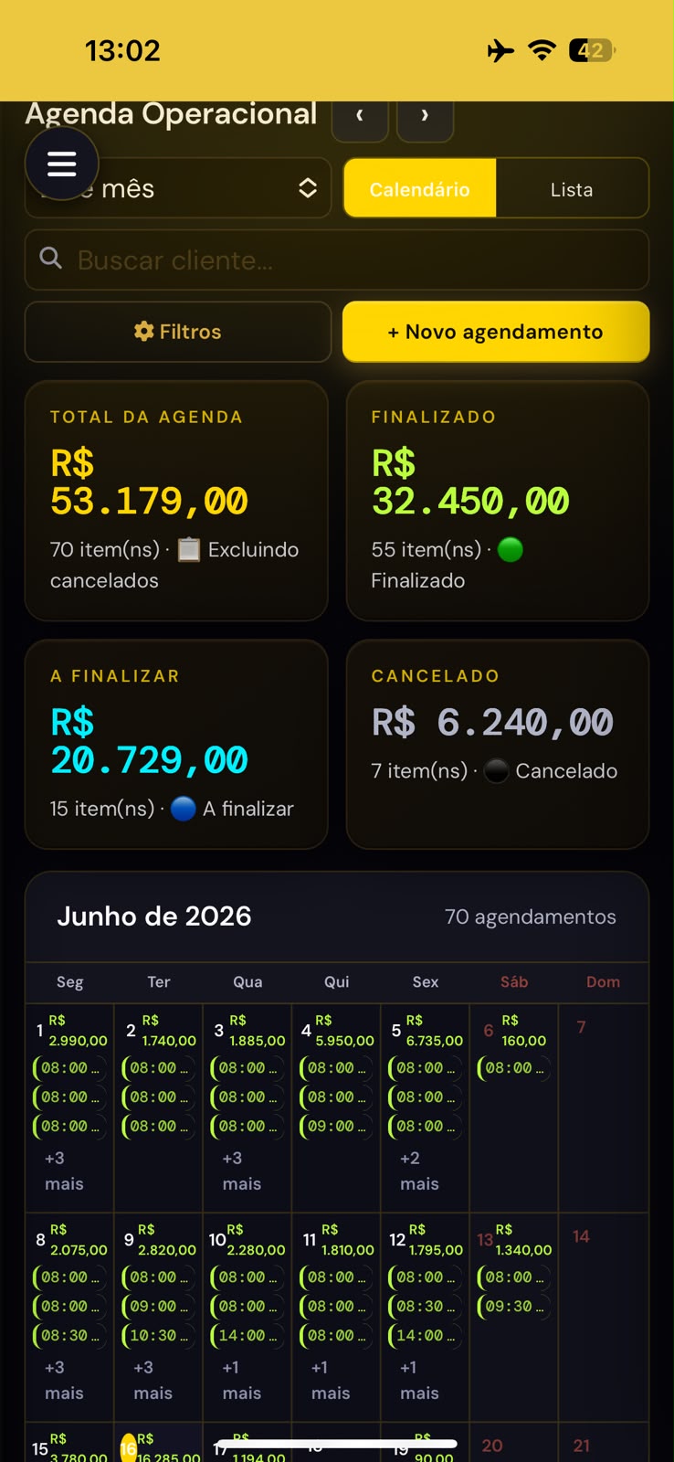 Agenda operacional e financeiro no Valiom